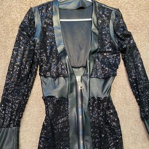 Custom sequin leatherette and lace dress